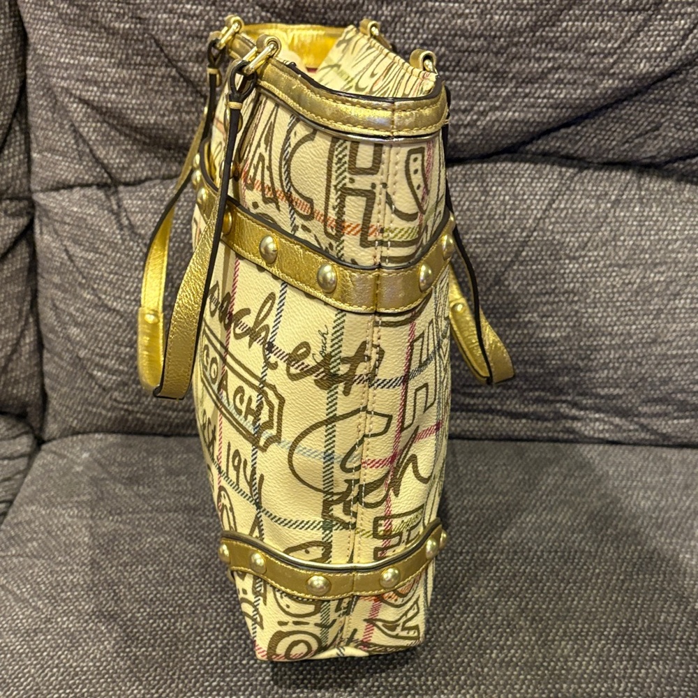 Coach Heritage Tattersall Graffiti Gold Tote Bag - Picture 4 of 12